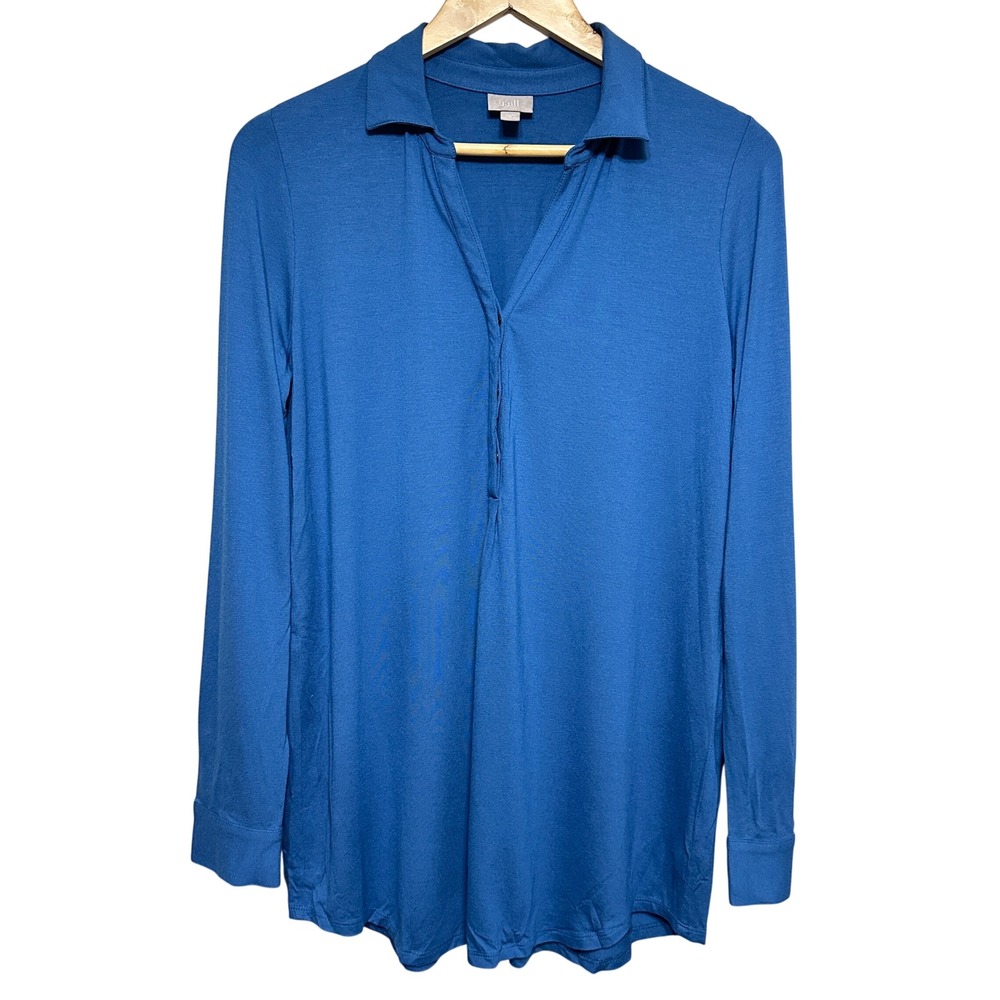 J Jill Womens Popover Blouse Womens M Blue Long Sleeve Button Up Stretch Relaxed